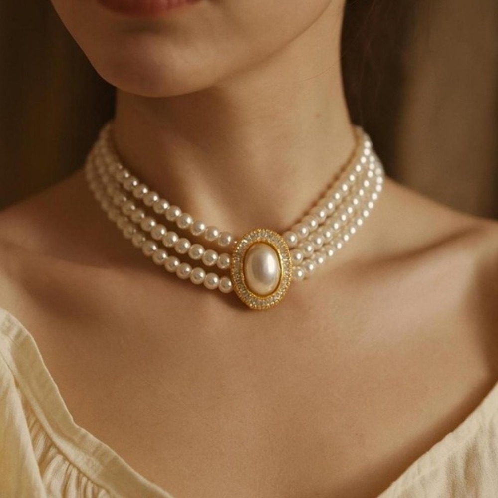 Vintage-Style Faux Pearl Choker Necklace with Oval Pendant Elegant Statement new